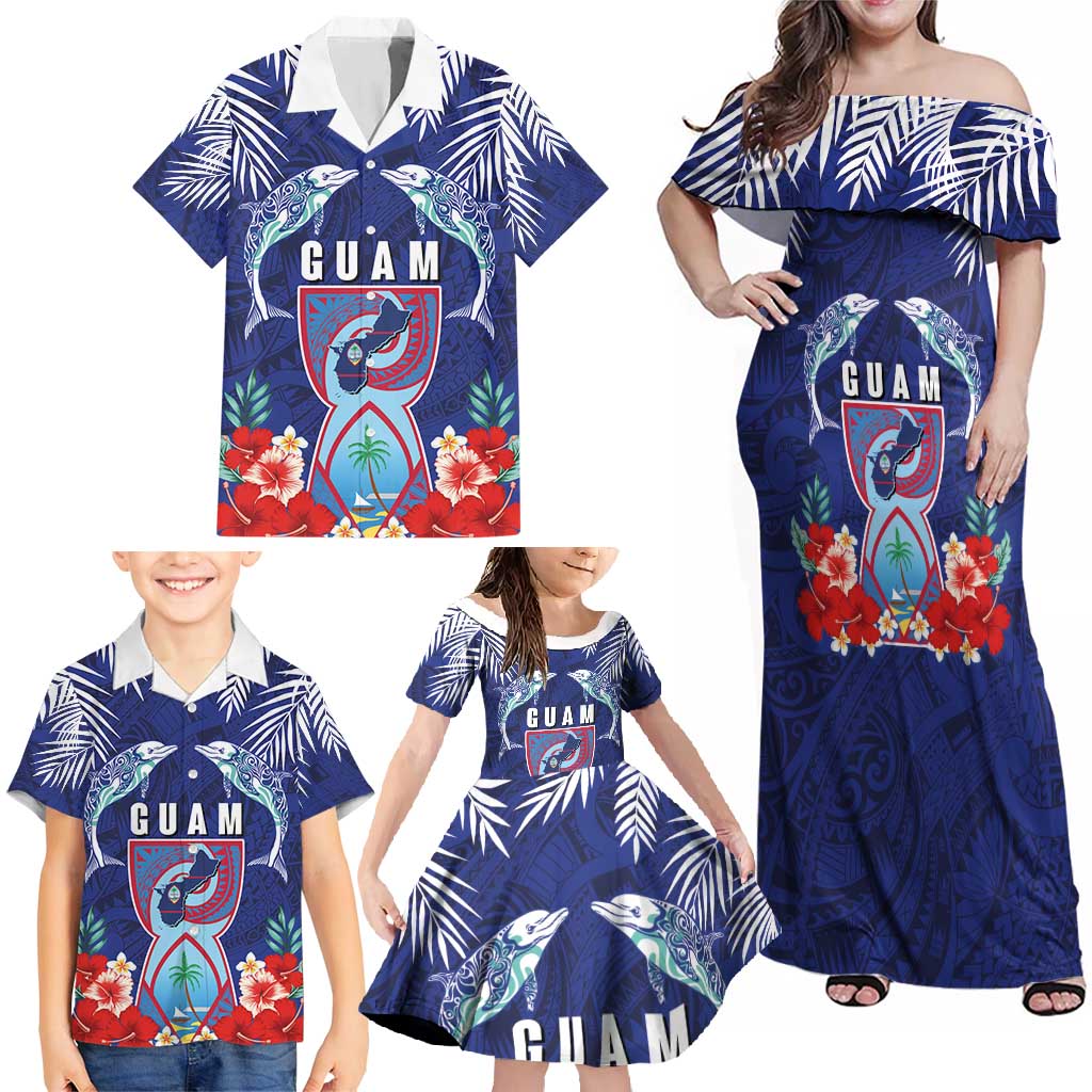Guam Liberation Day Family Matching Off Shoulder Maxi Dress and Hawaiian Shirt The Tribal Latte Stone and Dolphins with Hibiscus Chamorro Culture LT03 - Polynesian Pride