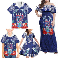 Guam Liberation Day Family Matching Off Shoulder Maxi Dress and Hawaiian Shirt The Tribal Latte Stone and Dolphins with Hibiscus Chamorro Culture LT03 - Polynesian Pride