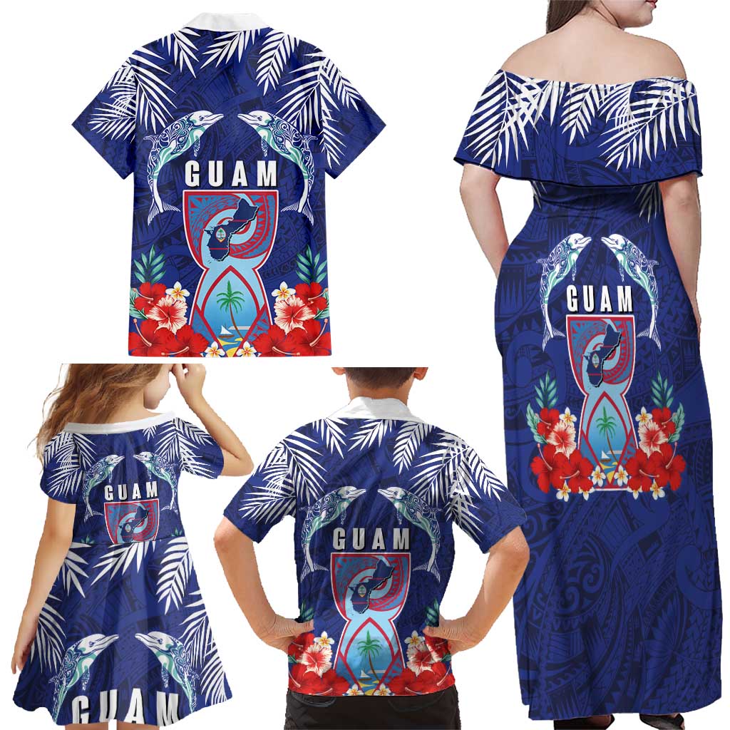 Guam Liberation Day Family Matching Off Shoulder Maxi Dress and Hawaiian Shirt The Tribal Latte Stone and Dolphins with Hibiscus Chamorro Culture LT03 - Polynesian Pride