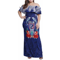 Guam Liberation Day Family Matching Off Shoulder Maxi Dress and Hawaiian Shirt The Tribal Latte Stone and Dolphins with Hibiscus Chamorro Culture LT03 Mom's Dress Blue - Polynesian Pride