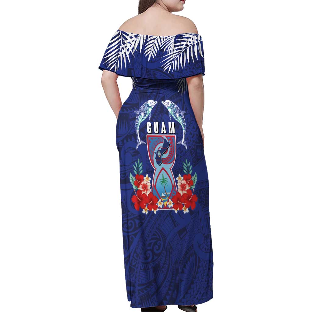 Guam Liberation Day Family Matching Off Shoulder Maxi Dress and Hawaiian Shirt The Tribal Latte Stone and Dolphins with Hibiscus Chamorro Culture LT03 - Polynesian Pride
