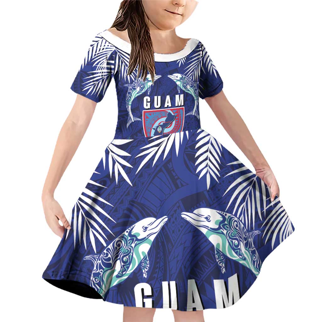 Guam Liberation Day Family Matching Off Shoulder Short Dress and Hawaiian Shirt The Tribal Latte Stone and Dolphins with Hibiscus Chamorro Culture LT03 Daughter's Dress Blue - Polynesian Pride