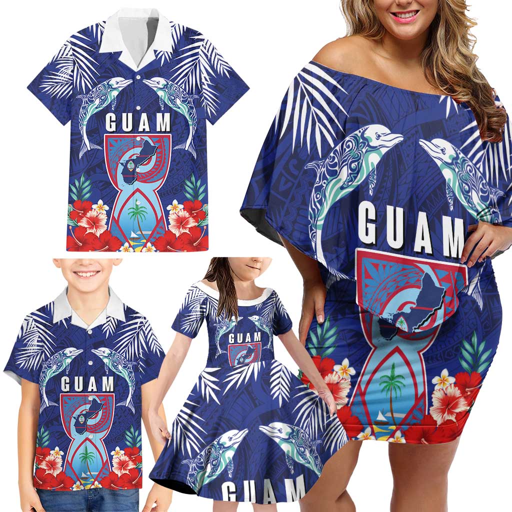 Guam Liberation Day Family Matching Off Shoulder Short Dress and Hawaiian Shirt The Tribal Latte Stone and Dolphins with Hibiscus Chamorro Culture LT03 - Polynesian Pride