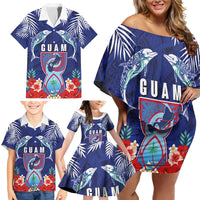 Guam Liberation Day Family Matching Off Shoulder Short Dress and Hawaiian Shirt The Tribal Latte Stone and Dolphins with Hibiscus Chamorro Culture LT03 - Polynesian Pride
