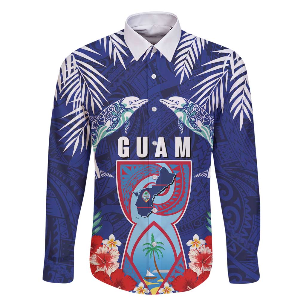 Guam Liberation Day Family Matching Off Shoulder Short Dress and Hawaiian Shirt The Tribal Latte Stone and Dolphins with Hibiscus Chamorro Culture LT03 Dad's Shirt - Long Sleeve Blue - Polynesian Pride