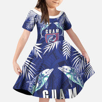 Guam Liberation Day Family Matching Puletasi and Hawaiian Shirt The Tribal Latte Stone and Dolphins with Hibiscus Chamorro Culture LT03 Daughter's Dress Blue - Polynesian Pride