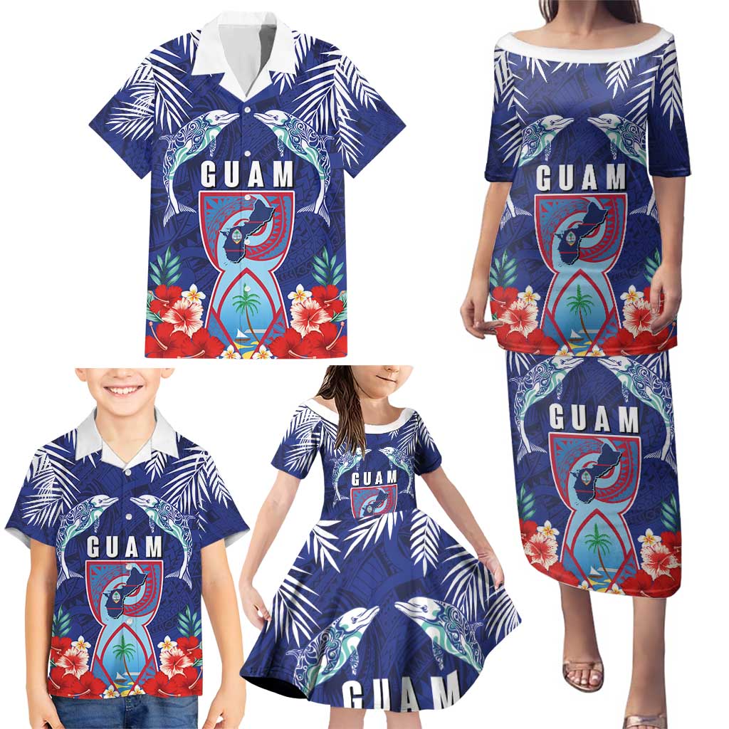 Guam Liberation Day Family Matching Puletasi and Hawaiian Shirt The Tribal Latte Stone and Dolphins with Hibiscus Chamorro Culture LT03 - Polynesian Pride