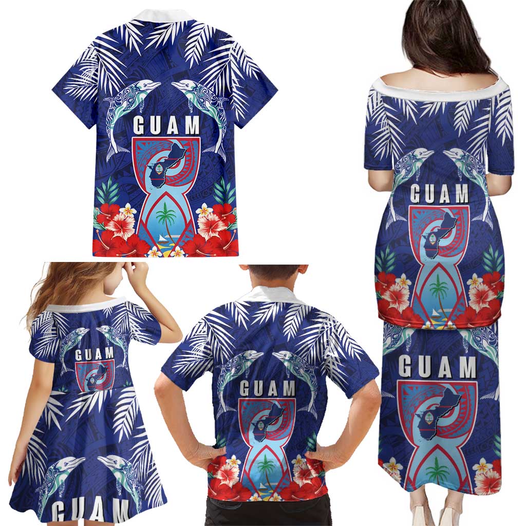 Guam Liberation Day Family Matching Puletasi and Hawaiian Shirt The Tribal Latte Stone and Dolphins with Hibiscus Chamorro Culture LT03 - Polynesian Pride