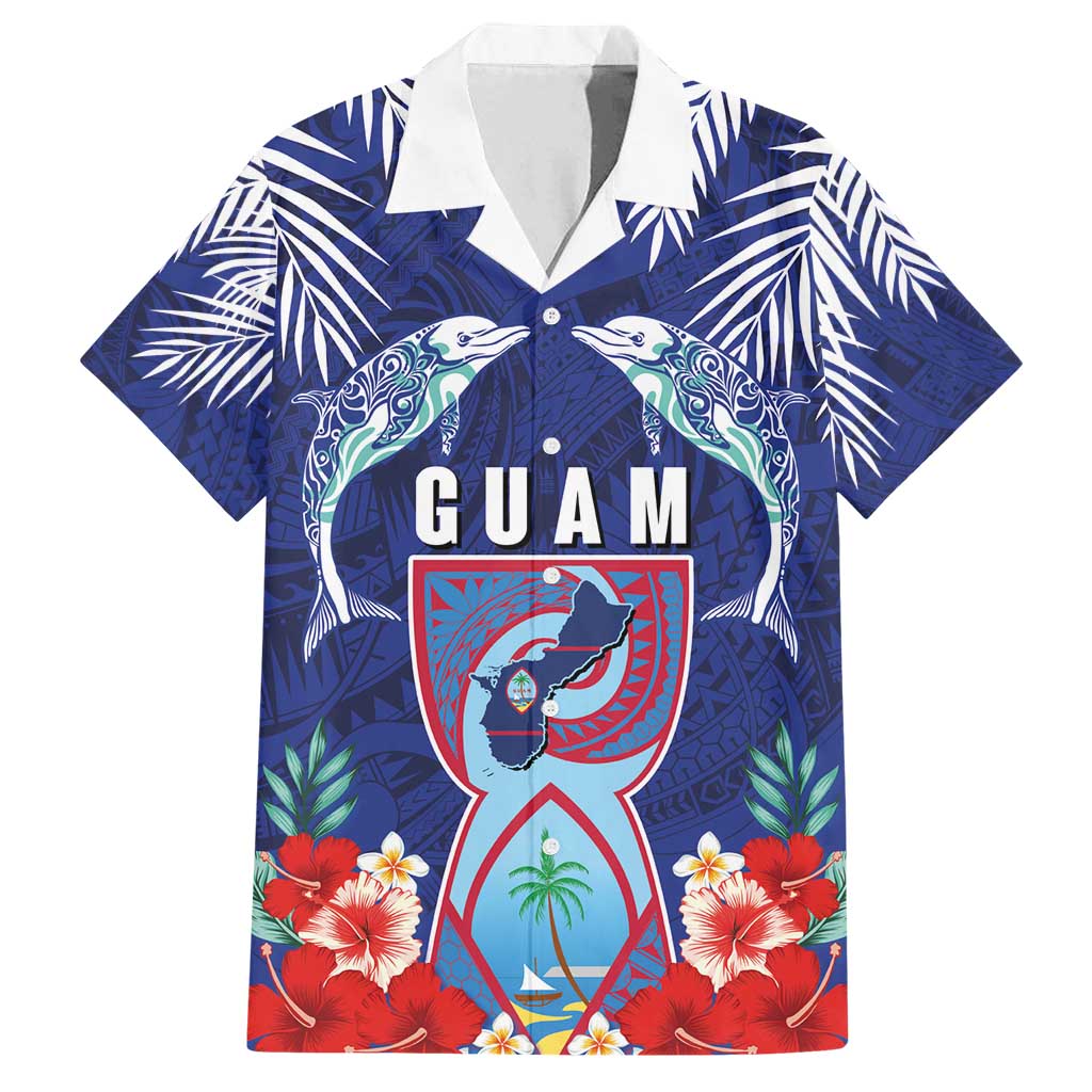 Guam Liberation Day Family Matching Puletasi and Hawaiian Shirt The Tribal Latte Stone and Dolphins with Hibiscus Chamorro Culture LT03 Dad's Shirt - Short Sleeve Blue - Polynesian Pride