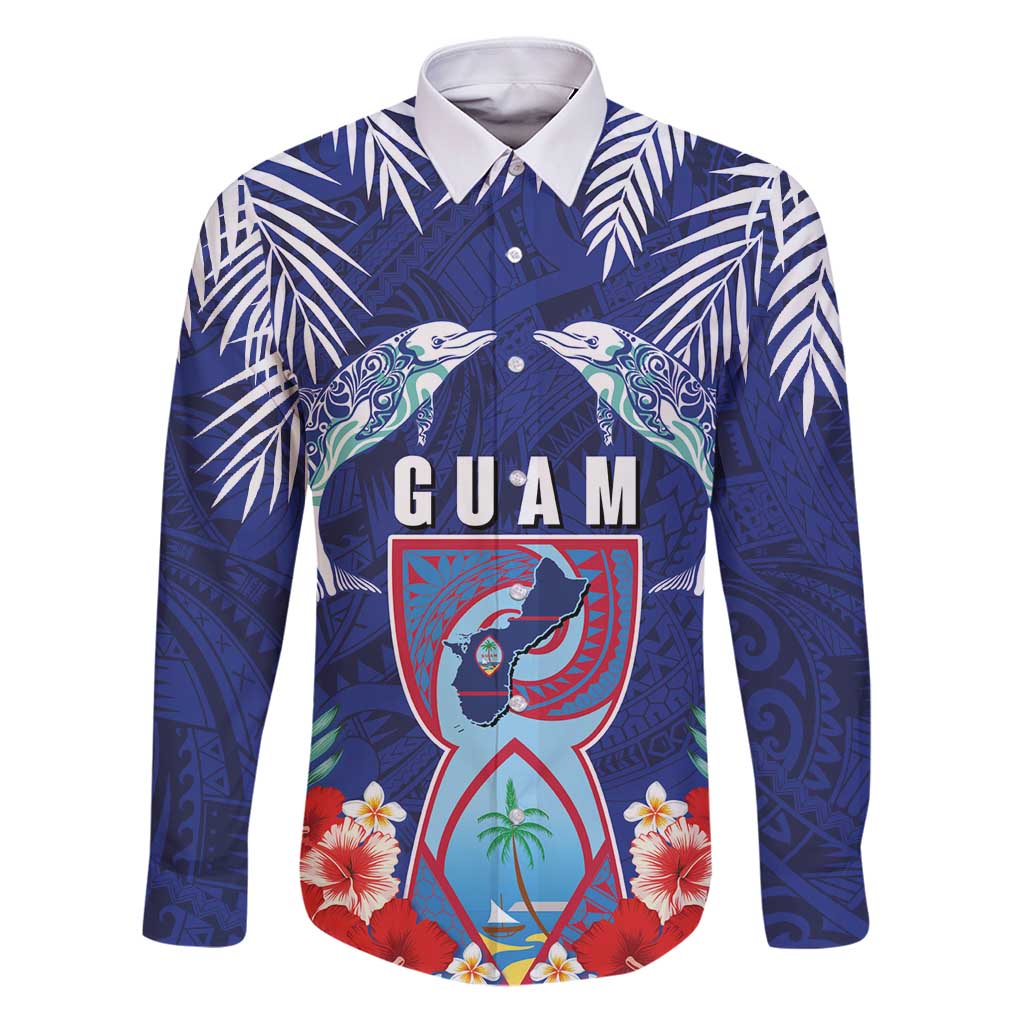 Guam Liberation Day Family Matching Puletasi and Hawaiian Shirt The Tribal Latte Stone and Dolphins with Hibiscus Chamorro Culture LT03 Dad's Shirt - Long Sleeve Blue - Polynesian Pride