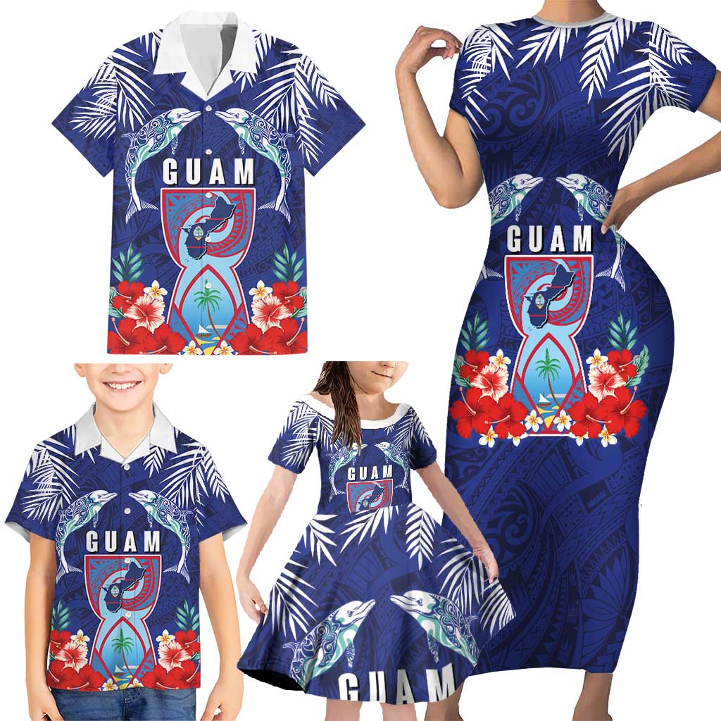 Guam Liberation Day Family Matching Short Sleeve Bodycon Dress and Hawaiian Shirt The Tribal Latte Stone and Dolphins with Hibiscus Chamorro Culture LT03 - Polynesian Pride