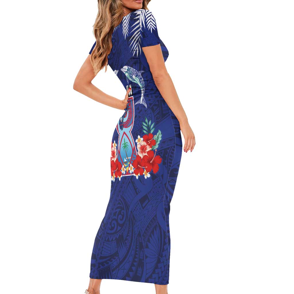 Guam Liberation Day Family Matching Short Sleeve Bodycon Dress and Hawaiian Shirt The Tribal Latte Stone and Dolphins with Hibiscus Chamorro Culture LT03 - Polynesian Pride