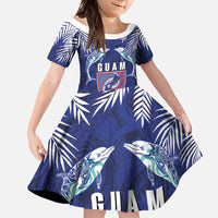 Guam Liberation Day Family Matching Summer Maxi Dress and Hawaiian Shirt The Tribal Latte Stone and Dolphins with Hibiscus Chamorro Culture LT03 Daughter's Dress Blue - Polynesian Pride
