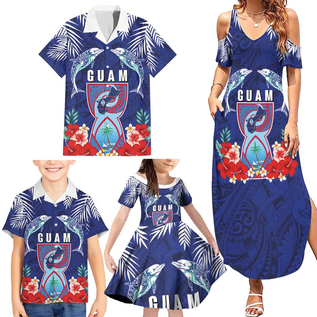 Guam Liberation Day Family Matching Summer Maxi Dress and Hawaiian Shirt The Tribal Latte Stone and Dolphins with Hibiscus Chamorro Culture LT03 - Polynesian Pride