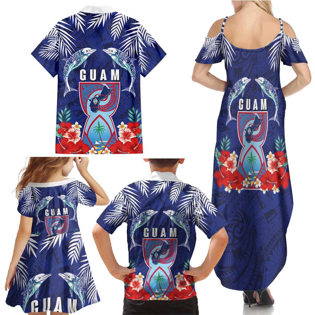 Guam Liberation Day Family Matching Summer Maxi Dress and Hawaiian Shirt The Tribal Latte Stone and Dolphins with Hibiscus Chamorro Culture LT03 - Polynesian Pride