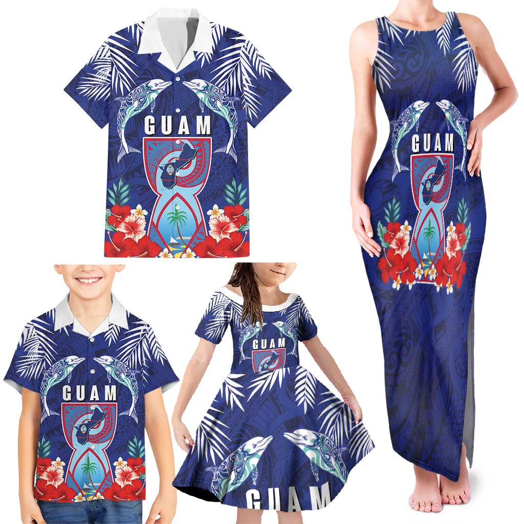 Guam Liberation Day Family Matching Tank Maxi Dress and Hawaiian Shirt The Tribal Latte Stone and Dolphins with Hibiscus Chamorro Culture LT03 - Polynesian Pride