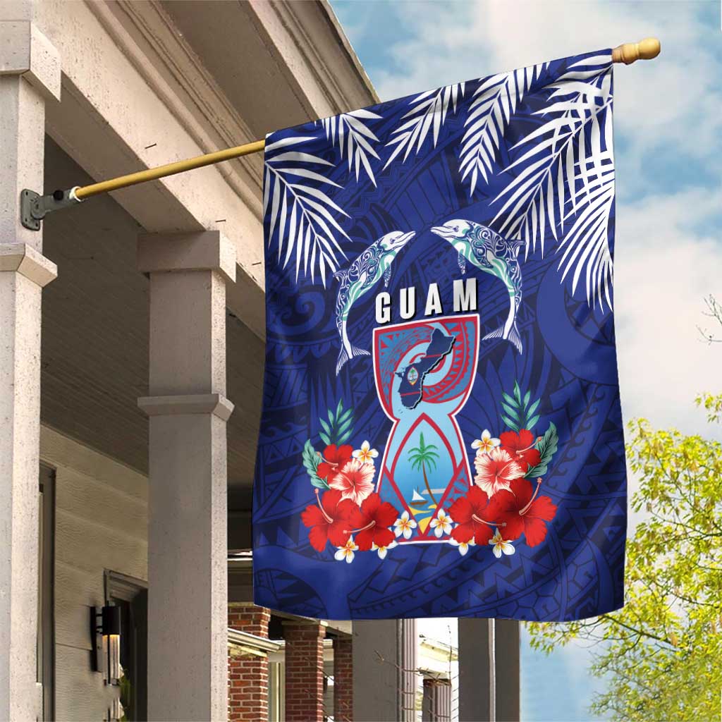 Guam Liberation Day Garden Flag The Tribal Latte Stone and Dolphins with Hibiscus Chamorro Culture LT03 House Flag Blue - Polynesian Pride