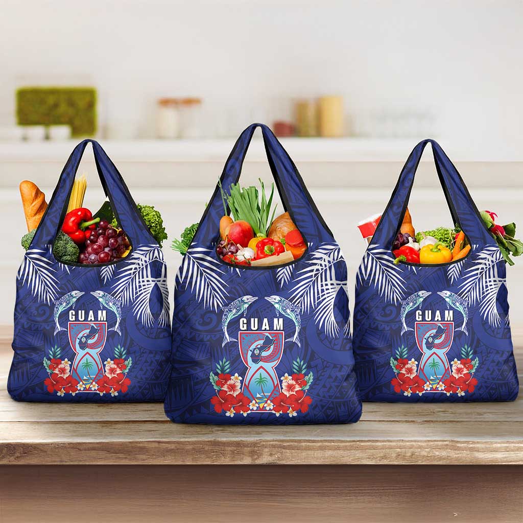 Guam Liberation Day Grocery Bag The Tribal Latte Stone and Dolphins with Hibiscus Chamorro Culture LT03 3-pack One Size Blue - Polynesian Pride