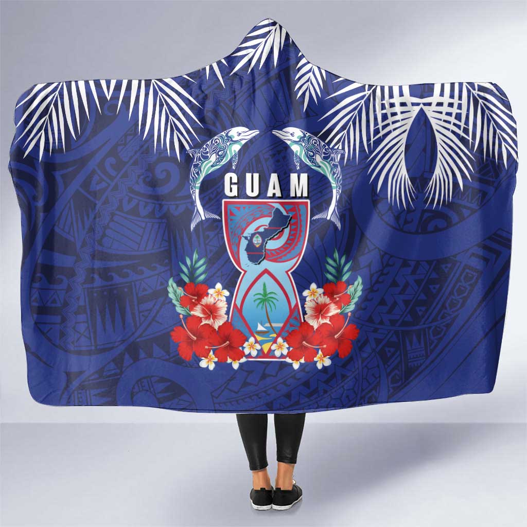 Guam Liberation Day Hooded Blanket The Tribal Latte Stone and Dolphins with Hibiscus Chamorro Culture LT03 One Size Blue - Polynesian Pride