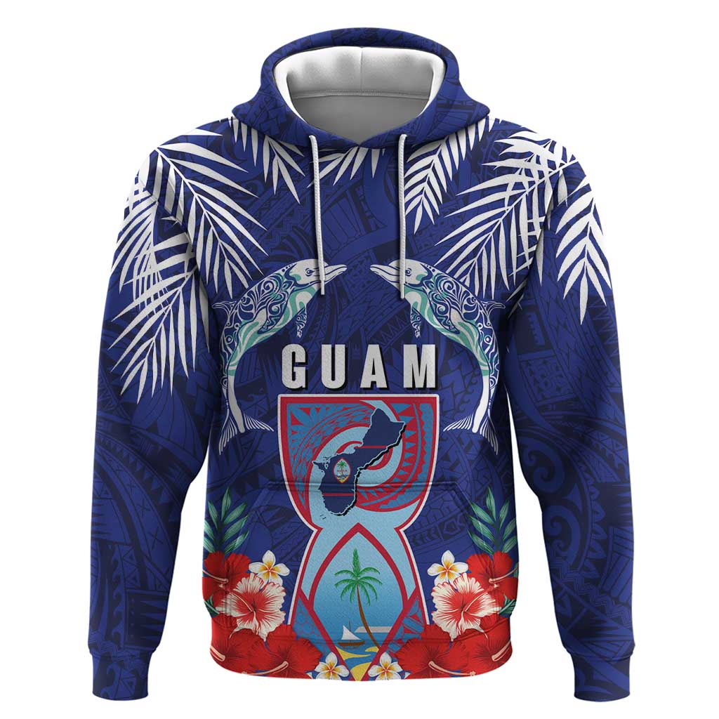 Guam Liberation Day Hoodie The Tribal Latte Stone and Dolphins with Hibiscus Chamorro Culture LT03 Pullover Hoodie Blue - Polynesian Pride
