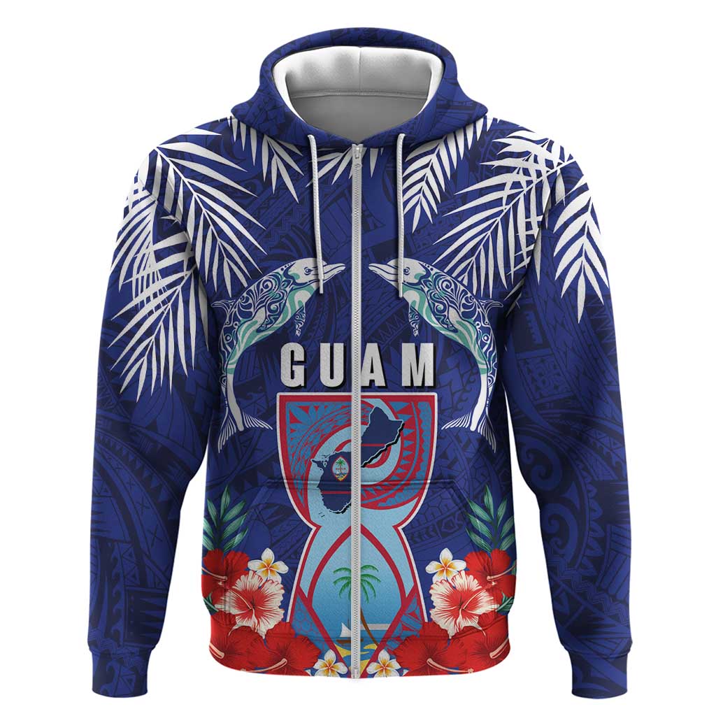 Guam Liberation Day Hoodie The Tribal Latte Stone and Dolphins with Hibiscus Chamorro Culture LT03 Zip Hoodie Blue - Polynesian Pride