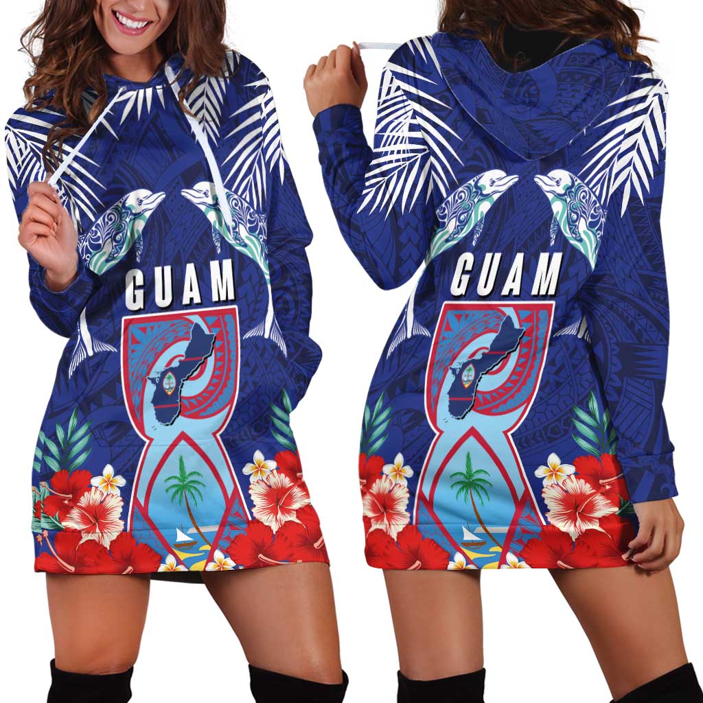 Guam Liberation Day Hoodie Dress The Tribal Latte Stone and Dolphins with Hibiscus Chamorro Culture LT03 - Polynesian Pride
