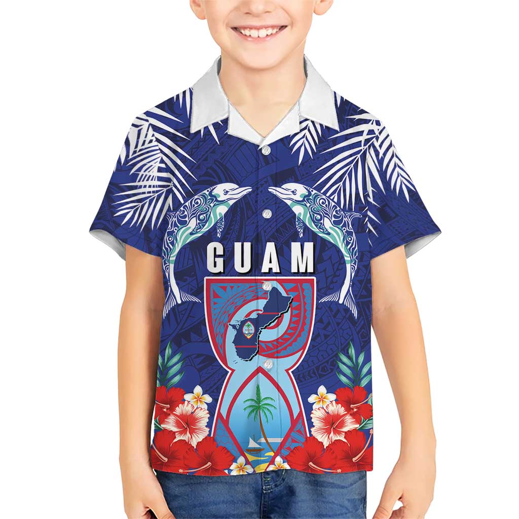 Guam Liberation Day Kid Hawaiian Shirt The Tribal Latte Stone and Dolphins with Hibiscus Chamorro Culture LT03 Kid Blue - Polynesian Pride