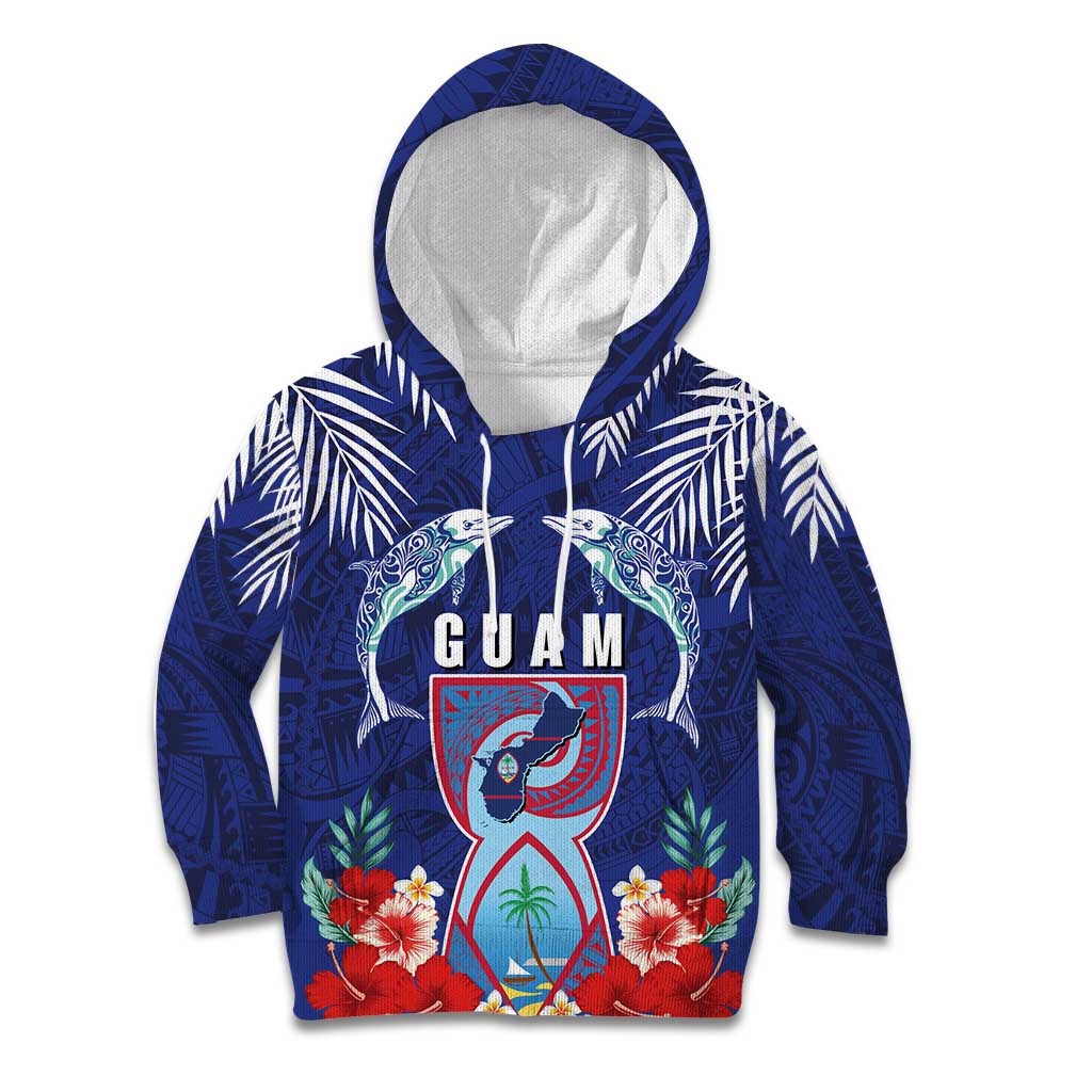 Guam Liberation Day Kid Hoodie The Tribal Latte Stone and Dolphins with Hibiscus Chamorro Culture LT03 Hoodie Blue - Polynesian Pride