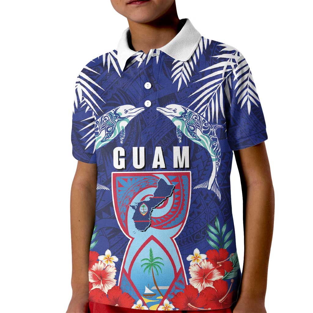 Guam Liberation Day Kid Polo Shirt The Tribal Latte Stone and Dolphins with Hibiscus Chamorro Culture LT03 Kid Blue - Polynesian Pride