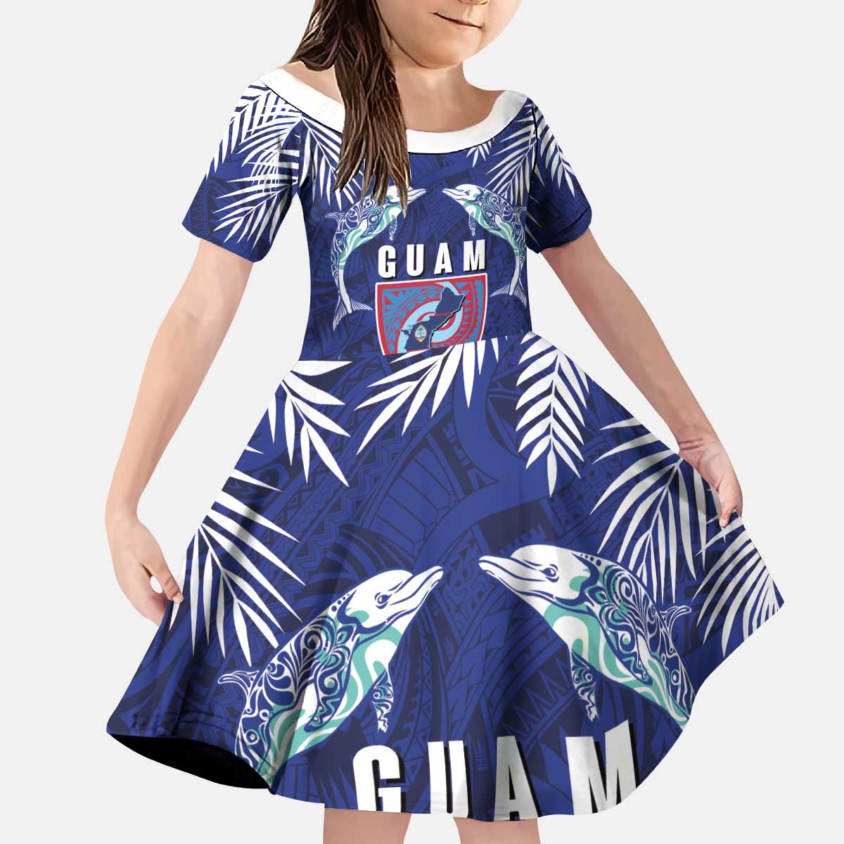 Guam Liberation Day Kid Short Sleeve Dress The Tribal Latte Stone and Dolphins with Hibiscus Chamorro Culture LT03 KID Blue - Polynesian Pride