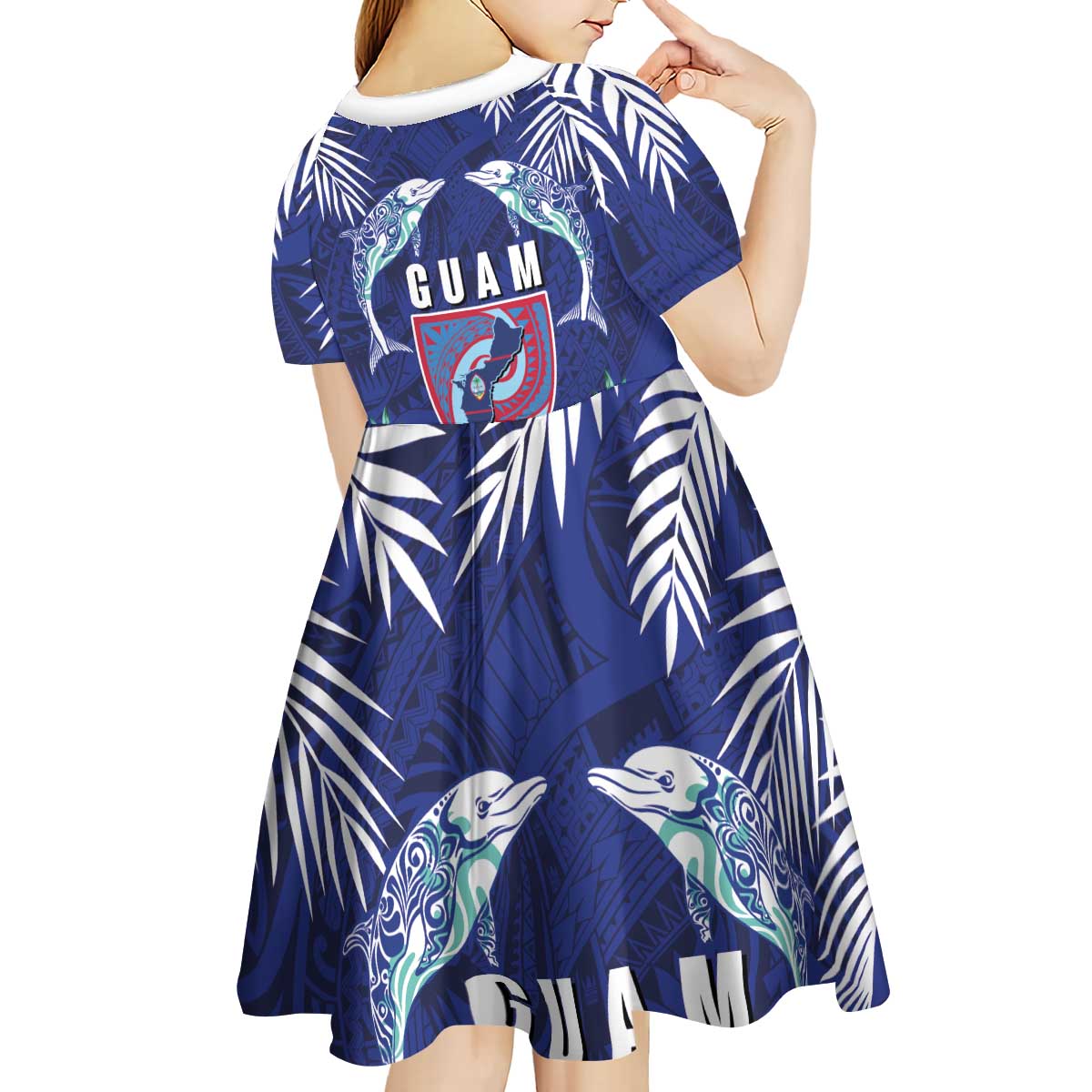 Guam Liberation Day Kid Short Sleeve Dress The Tribal Latte Stone and Dolphins with Hibiscus Chamorro Culture LT03 - Polynesian Pride