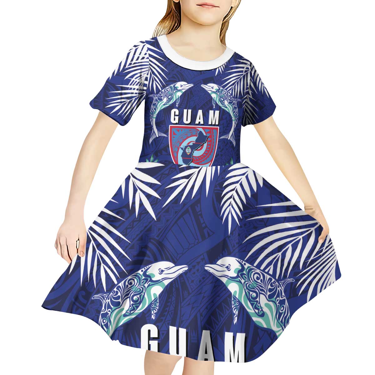 Guam Liberation Day Kid Short Sleeve Dress The Tribal Latte Stone and Dolphins with Hibiscus Chamorro Culture LT03 - Polynesian Pride