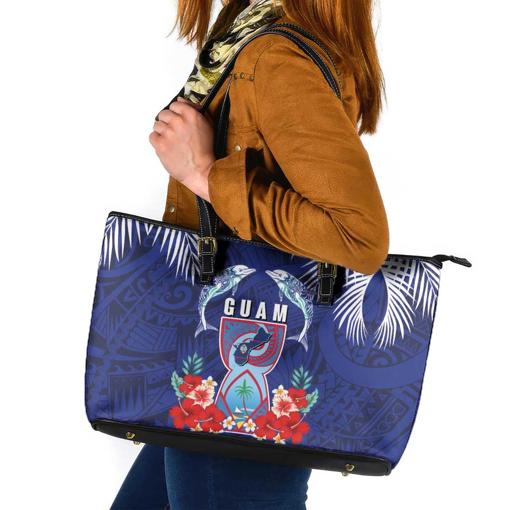 Guam Liberation Day Leather Tote Bag The Tribal Latte Stone and Dolphins with Hibiscus Chamorro Culture LT03 Blue - Polynesian Pride