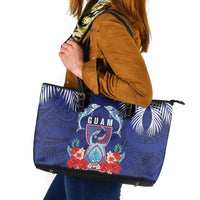 Guam Liberation Day Leather Tote Bag The Tribal Latte Stone and Dolphins with Hibiscus Chamorro Culture LT03 Blue - Polynesian Pride