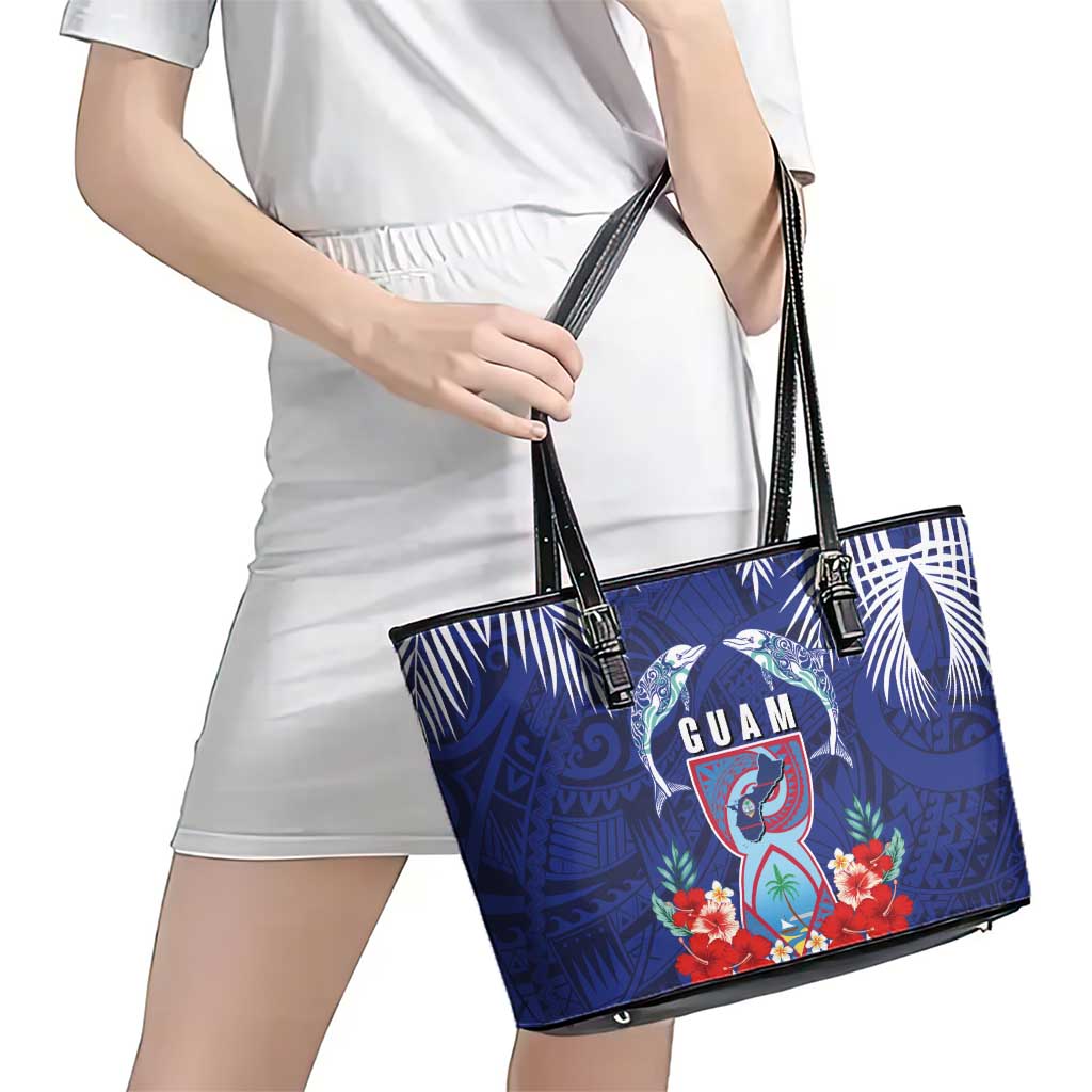 Guam Liberation Day Leather Tote Bag The Tribal Latte Stone and Dolphins with Hibiscus Chamorro Culture LT03 - Polynesian Pride