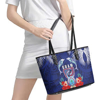 Guam Liberation Day Leather Tote Bag The Tribal Latte Stone and Dolphins with Hibiscus Chamorro Culture LT03 - Polynesian Pride