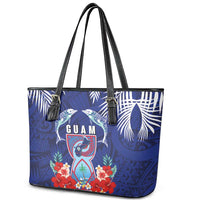 Guam Liberation Day Leather Tote Bag The Tribal Latte Stone and Dolphins with Hibiscus Chamorro Culture LT03 - Polynesian Pride