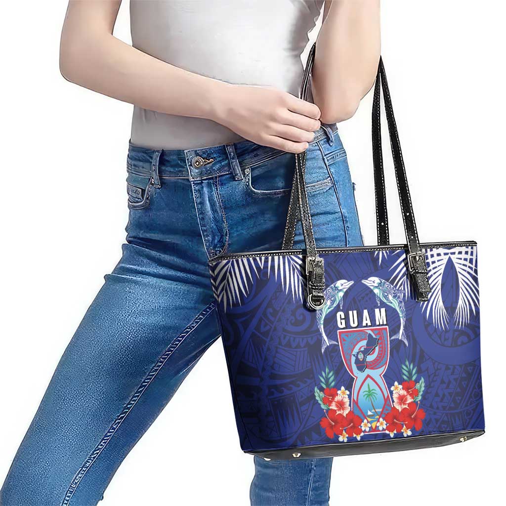 Guam Liberation Day Leather Tote Bag The Tribal Latte Stone and Dolphins with Hibiscus Chamorro Culture LT03 - Polynesian Pride