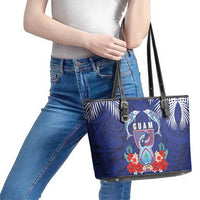 Guam Liberation Day Leather Tote Bag The Tribal Latte Stone and Dolphins with Hibiscus Chamorro Culture LT03 - Polynesian Pride
