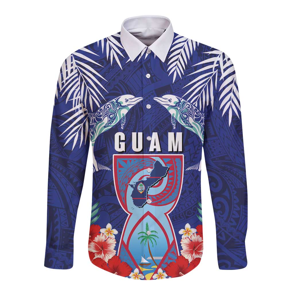 Guam Liberation Day Long Sleeve Button Shirt The Tribal Latte Stone and Dolphins with Hibiscus Chamorro Culture LT03 Unisex Blue - Polynesian Pride