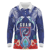 Guam Liberation Day Long Sleeve Polo Shirt The Tribal Latte Stone and Dolphins with Hibiscus Chamorro Culture LT03 Blue - Polynesian Pride