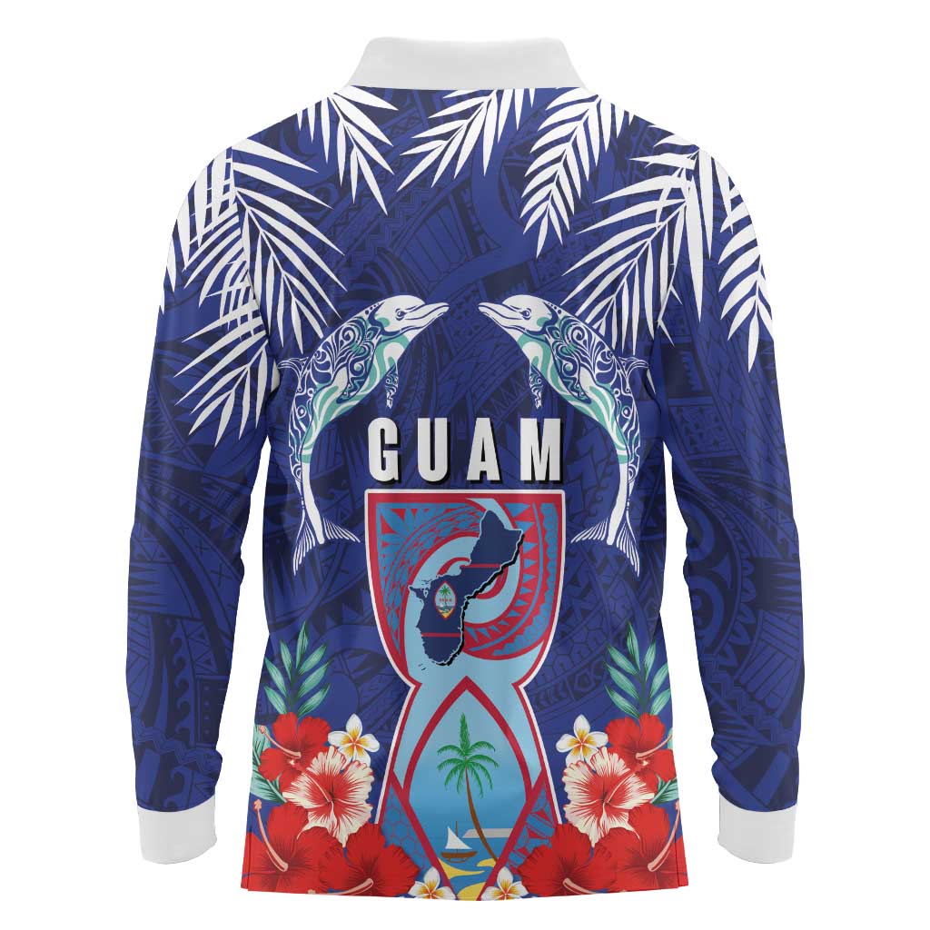 Guam Liberation Day Long Sleeve Polo Shirt The Tribal Latte Stone and Dolphins with Hibiscus Chamorro Culture LT03 - Polynesian Pride