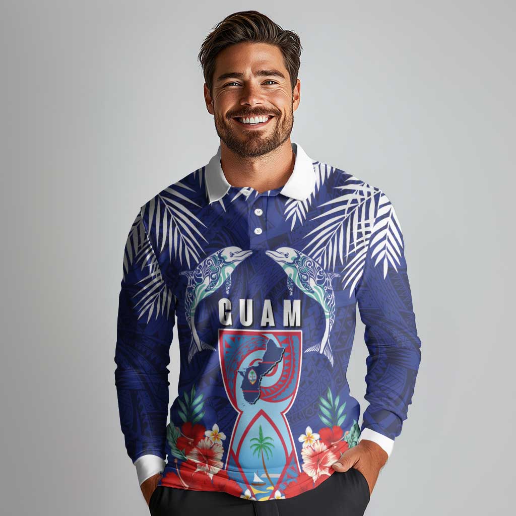 Guam Liberation Day Long Sleeve Polo Shirt The Tribal Latte Stone and Dolphins with Hibiscus Chamorro Culture LT03 - Polynesian Pride