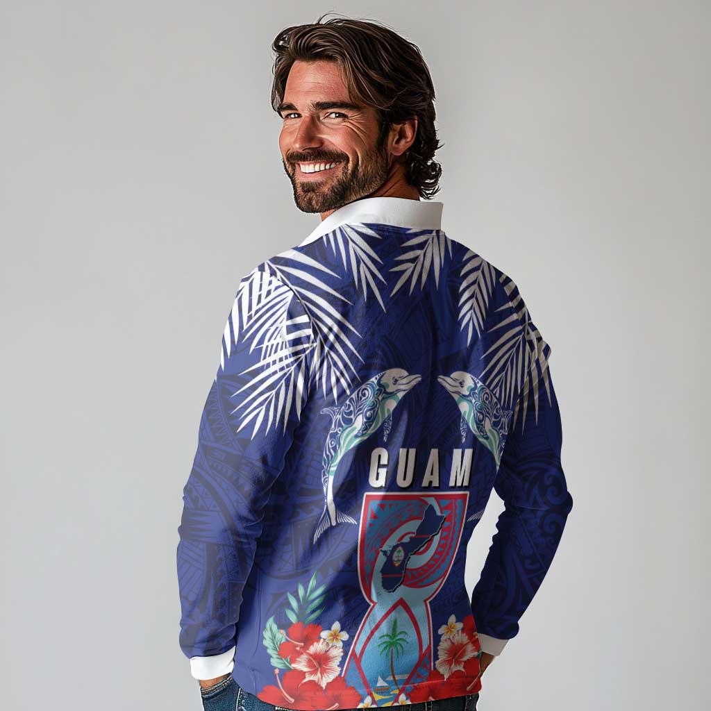 Guam Liberation Day Long Sleeve Polo Shirt The Tribal Latte Stone and Dolphins with Hibiscus Chamorro Culture LT03 - Polynesian Pride