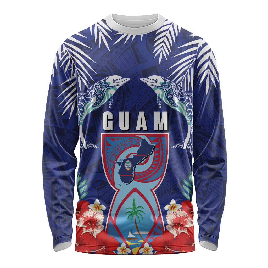 Guam Liberation Day Long Sleeve Shirt The Tribal Latte Stone and Dolphins with Hibiscus Chamorro Culture LT03 Unisex Blue - Polynesian Pride