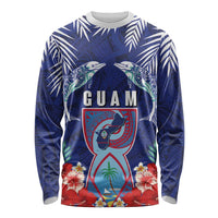 Guam Liberation Day Long Sleeve Shirt The Tribal Latte Stone and Dolphins with Hibiscus Chamorro Culture LT03 Unisex Blue - Polynesian Pride