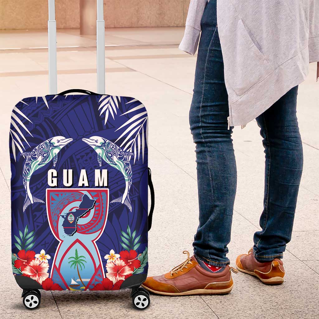 Guam Liberation Day Luggage Cover The Tribal Latte Stone and Dolphins with Hibiscus Chamorro Culture LT03 Blue - Polynesian Pride