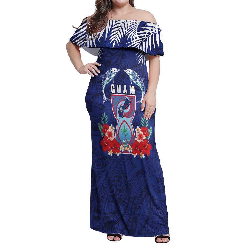 Guam Liberation Day Off Shoulder Maxi Dress The Tribal Latte Stone and Dolphins with Hibiscus Chamorro Culture LT03 Women Blue - Polynesian Pride