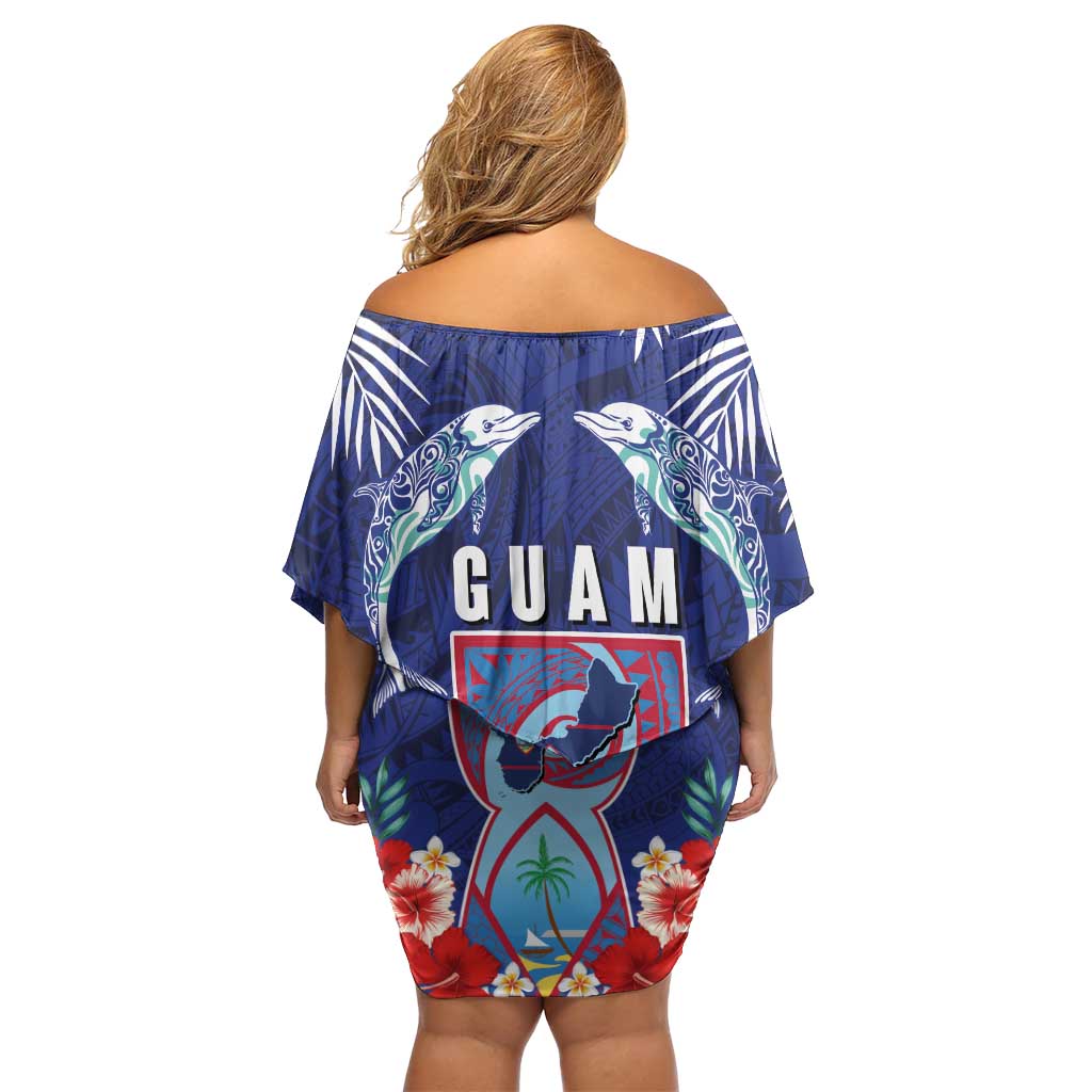 Guam Liberation Day Off Shoulder Short Dress The Tribal Latte Stone and Dolphins with Hibiscus Chamorro Culture LT03 - Polynesian Pride