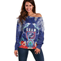 Guam Liberation Day Off Shoulder Sweater The Tribal Latte Stone and Dolphins with Hibiscus Chamorro Culture LT03 Women Blue - Polynesian Pride